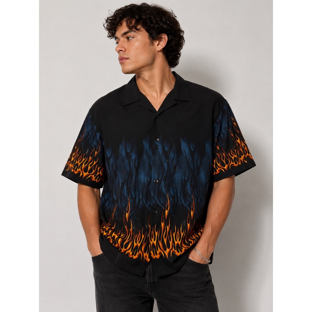 M72 Mens Flame Print Button Down Shirt Black Blue Orange Fire Graphic Large